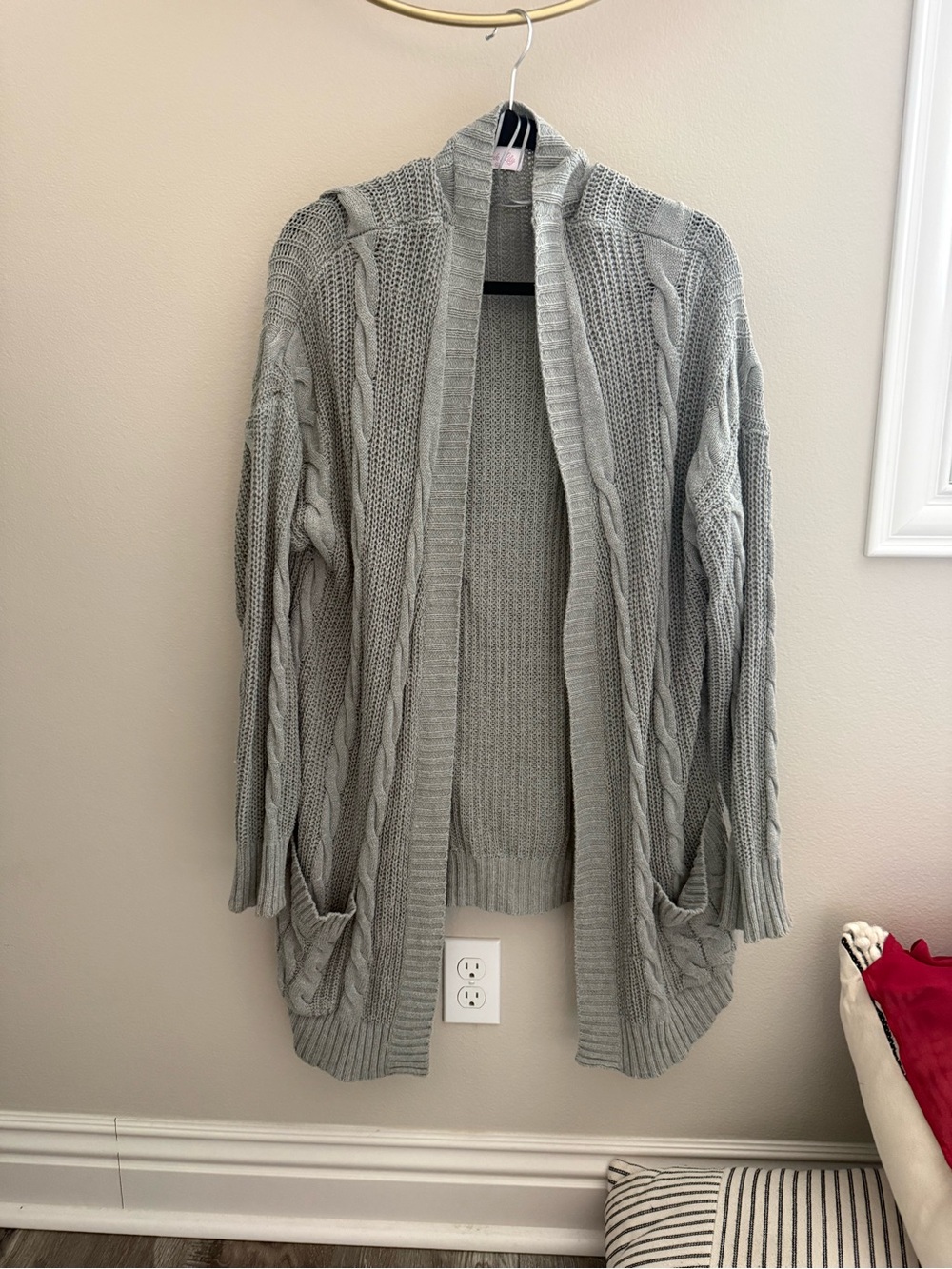Pink Lily Light Gray Cable Knit Open-Front Cardigan